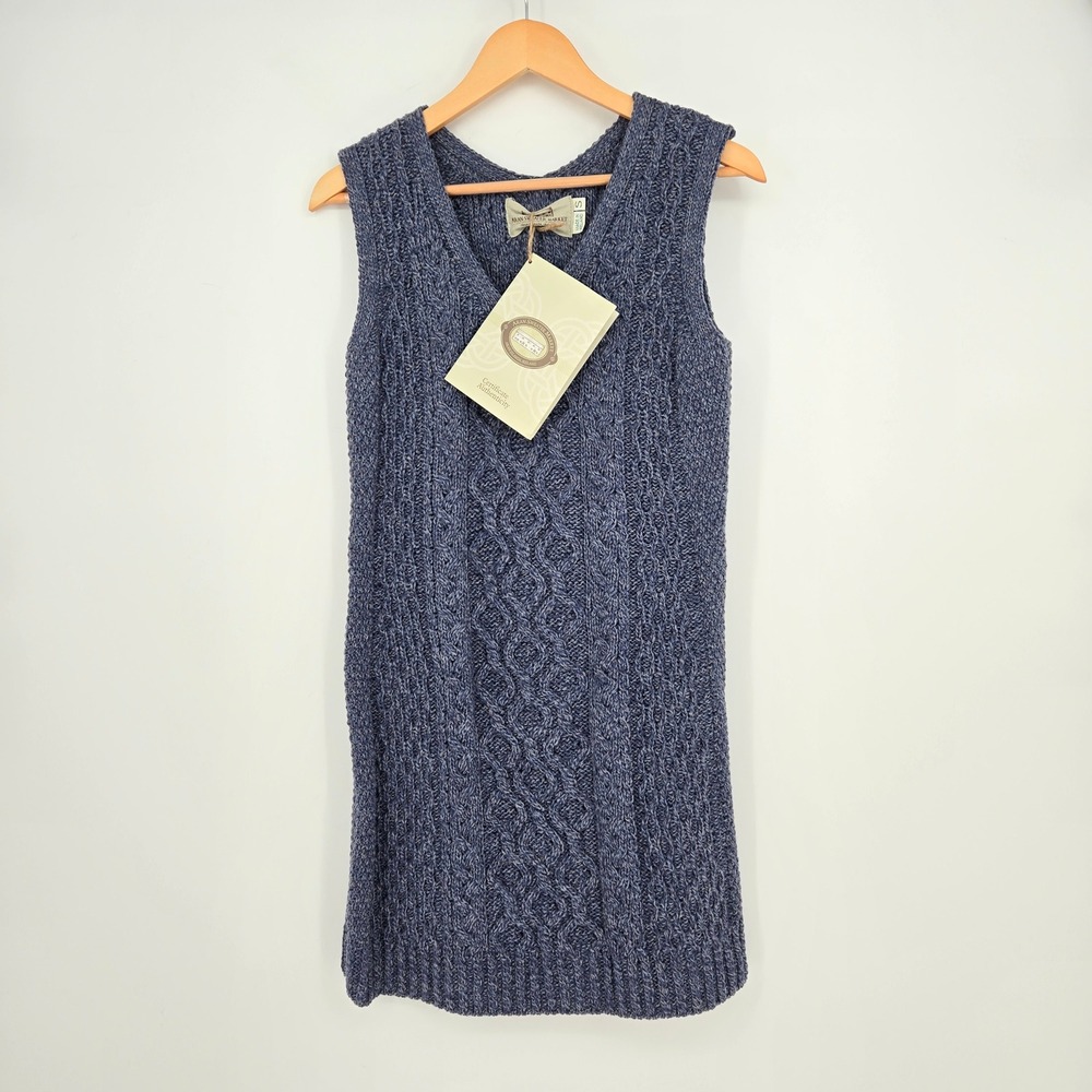 NWT Aran Sweater Market 100% Merino Wool Sleeveless Cable Knit Dress Blue Small